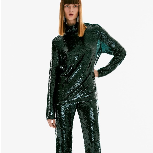 ZARA Sequin High Neck Top Green - Picture 7 of 8